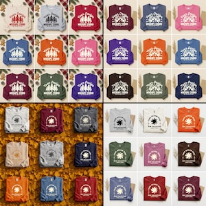 May include: A collection of sweatshirts in various colors, including red, blue, and pink. Each sweatshirt features a design with text that reads "Your Design" and "Mockups Studio". The sweatshirts are displayed on a fall-themed background.