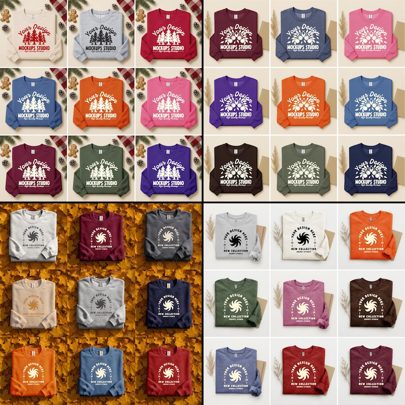 May include: A collection of sweatshirts in various colors, including red, blue, and pink. Each sweatshirt features a design with text that reads "Your Design" and "Mockups Studio". The sweatshirts are displayed on a fall-themed background.