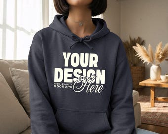Dark Heather Gildan 18500 Hoodie Mockup, G185 Hooded Sweatshirt Boho Mock-up, Oversized Hoodie Sweatshirt PSD JPEG for Canva