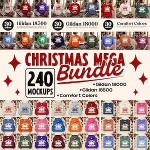 240X Christmas Mega Mockup Bundle | Gildan 18000, Gildan 18500, Comfort Colors C1717 | Crewneck Flat Lay + On Model | Xmas Holiday Mockups
