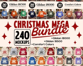 240X Christmas Mega Mockup Bundle | Gildan 18000, Gildan 18500, Comfort Colors C1717 | Crewneck Flat Lay + On Model | Xmas Holiday Mockups