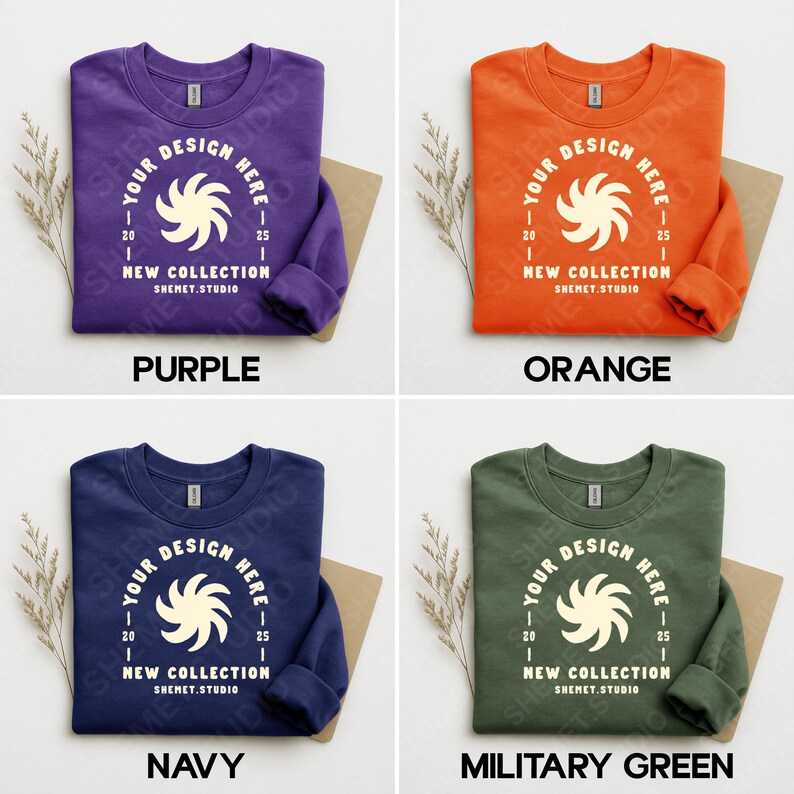 Puede incluir: Cuatro sudaderas de cuello redondo en morado, naranja, azul marino y verde militar. Cada sudadera presenta un dise&ntilde;o gr&aacute;fico blanco con el texto "YOUR DESIGN HERE" y "NEW COLLECTION" con el nombre de la tienda "SHEMET.STUDIO".