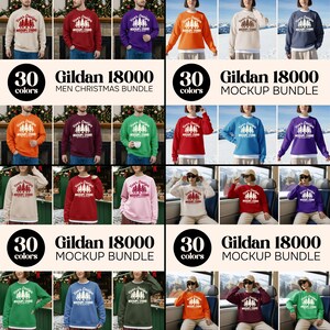 May include: A collection of Gildan 18000 sweatshirts in various colors, each featuring a white graphic design with text. The image includes the text "30 colors" and "Men Christmas Bundle" and "Mockup Bundle".