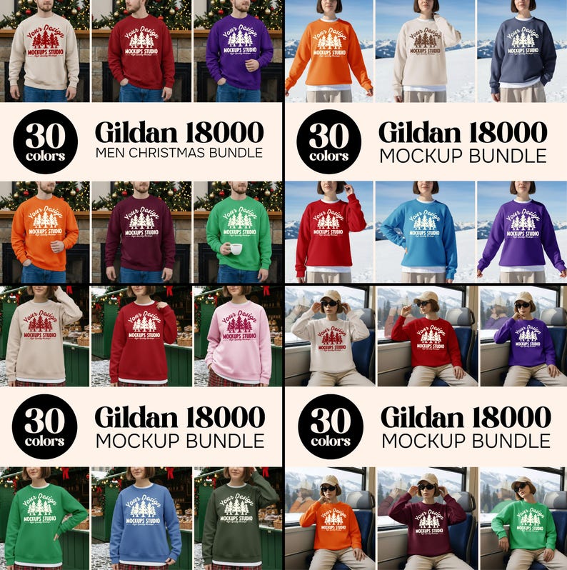 May include: A collection of Gildan 18000 sweatshirts in various colors, each featuring a white graphic design with text. The image includes the text "30 colors" and "Men Christmas Bundle" and "Mockup Bundle".