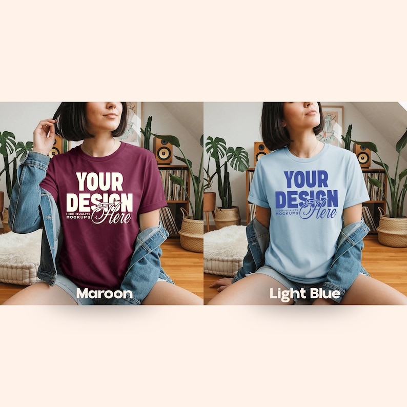 May include: Maroon and light blue t-shirts with the text "YOUR DESIGN Here" in a bold font. The shirts are short-sleeved and are being modeled. The word "Maroon" and "Light Blue" are displayed below the shirts.