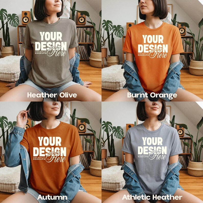 May include: Four t-shirts in different colors: Heather Olive, Burnt Orange, Autumn, and Athletic Heather. Each shirt has the text "YOUR DESIGN Here" in white. The shirts are short-sleeved and are being modeled.