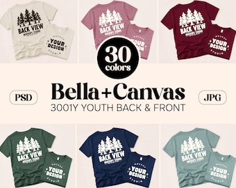 Pacchetto di 30 mockup di t-shirt Bella Canvas 3001Y in stile flat lay / Mockup di maglietta per bambini BC3001Y fronte e retro / Maglietta oversize per ragazzi / Set JPG, PSD