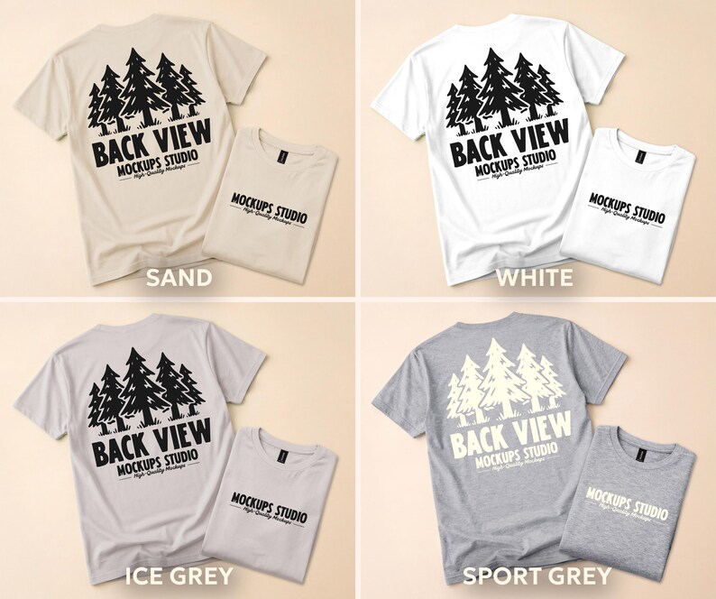 May include: Four t-shirts in sand, white, ice grey, and sport grey. Each shirt has a black graphic of pine trees and the text "BACK VIEW MOCKUPS STUDIO". The shirts are folded and displayed.