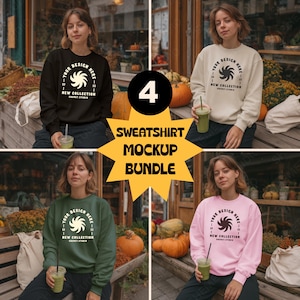 Gildan 18000 Sweatshirt Mockup Bundle 4 Colors, On Model Autumn Fall Halloween Crewneck Mockups, PSD JPEG Digital Download, Trendy 18000