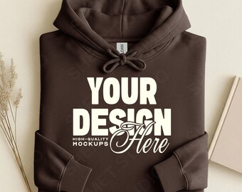 Dark Chocolate Gildan 18500 Folded Flat Lay Mockup, Hoodie Sweatshirt Mockup, Hooded Sweater Flatlay, Simple 185 Mock, White Background Mock