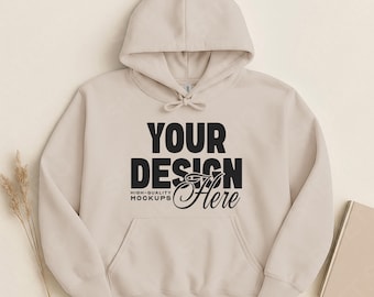 Sand Gildan 18500 Flat Lay Mockup, Hoodie Sweatshirt Mockups, Hooded Sweater Flatlay, Simple G185 Mock-Up, White Background Mock