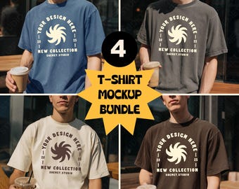 Comfort Colors 1717 T-Shirt Mockup Bundle Men, CC1717 Oversized Tee Mockups, Outdoor Lifestyle Coffee Scene, Pepper Ivory Espresso Blue Jean