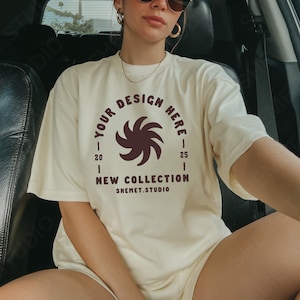 Ivory Comfort Colors 1717 T-Shirt Mockup Selfie in Car, C1717 Oversized Tee Mockup, Front Print Area PSD JPEG Digital Download, Canva Mockup