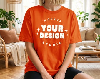 Orange Gildan 64000 T-Shirt Mockup | G640 On Model Boho Home Lifestyle | Tee Mockup PSD JPEG