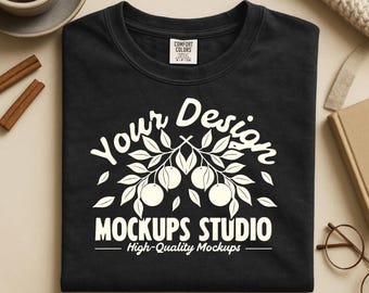 Black Comfort Colors C1717 T-Shirt Mockup | CC 1717 Folded Flat Lay Shirt Mock | Cozy Boho with Coffee & Book Garment-Dyed PSD JPEG