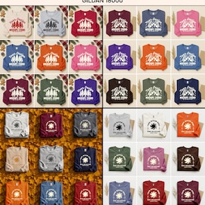 May include: A variety of Gildan 18000 sweatshirts in various colors, including beige, grey, red, and blue. Each sweatshirt features a design with text and a graphic. The sweatshirts are displayed on a fall-themed background.