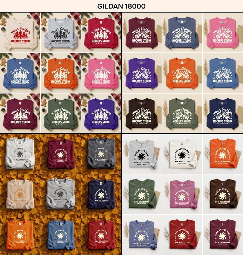 May include: A variety of Gildan 18000 sweatshirts in various colors, including beige, grey, red, and blue. Each sweatshirt features a design with text and a graphic. The sweatshirts are displayed on a fall-themed background.