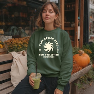 Military Green Gildan 18000 Sweatshirt Mockup, On Model Autumn Fall Halloween Crewneck Mockup, PSD JPEG Digital Download for Etsy POD