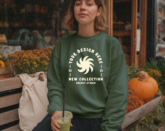 Military Green Gildan 18000 Sweatshirt Mockup, On Model Autumn Fall Halloween Crewneck Mockup, PSD JPEG Digital Download for Etsy POD