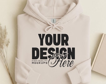Sand Gildan 18500 Folded Flat Lay Mockup, Hoodie Sweatshirt Mockup, Hooded Sweater Flatlay, Simple G185 Mock, White Background Mockup