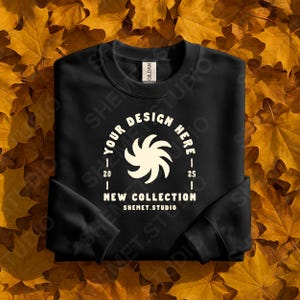 Zwarte kleuren Gildan 18000-mockup, herfst platliggend mockup, sweatermodel, gevouwen flatlay-mockup trui met ronde hals