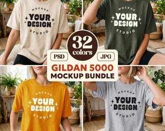32X Gildan 5000 T-Shirt Mockup Bundle | G500 On Model Boho Home Lifestyle | Tee Mockup PSD JPEG
