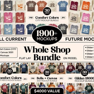 May include: A promotional image showcasing a whole shop bundle of t-shirt mockups. The image displays various t-shirt designs in multiple colors, including Comfort Colors and Gildan styles. Text on the image indicates over 1900 mockups are available.