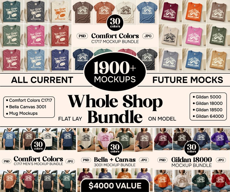 May include: A promotional image showcasing a whole shop bundle of t-shirt mockups. The image displays various t-shirt designs in multiple colors, including Comfort Colors and Gildan styles. Text on the image indicates over 1900 mockups are available.