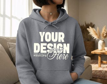 Graphite Heather Gildan 18500 Hoodie Mockup, G185 Hooded Sweatshirt Boho Mock-up, Oversized Hoodie Sweatshirt PSD JPEG for Canva