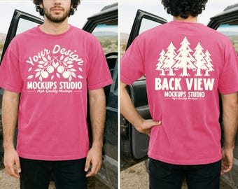 Crunchberry Comfort Colors C1717 Front & Back Men T-Shirt Mockup | CC 1717 T-Shirt Mock-up | Outdoor Dual View Lifestyle Car PSD JPEG