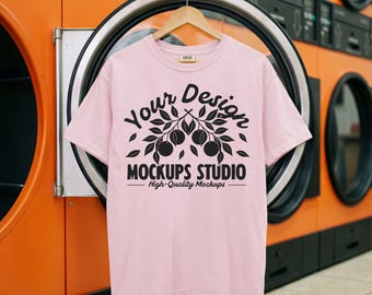 Blossom Comfort Colors C1717 Tshirt Mockup | CC 1717 T-Shirt Unfolded Mock-up | Simple Laundromat Lifestyle Background