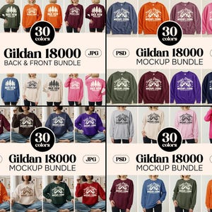 May include: A mockup bundle of Gildan 18000 sweatshirts in various colors, including green, orange, and pink. The sweatshirts feature front and back designs with text and graphic elements. The image displays 30 color options.