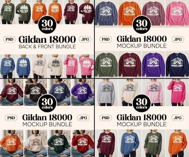 May include: A mockup bundle of Gildan 18000 sweatshirts in various colors, including green, orange, and pink. The sweatshirts feature front and back designs with text and graphic elements. The image displays 30 color options.
