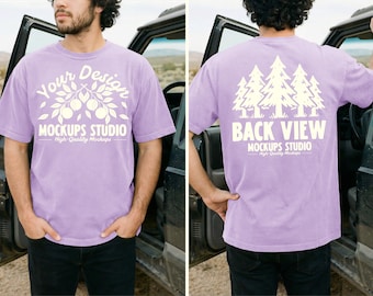 Orchid Comfort Colors C1717 Front & Back Men T-Shirt Mockup | CC 1717 T-Shirt Mock-up | Outdoor Dual View Lifestyle Car PSD JPEG