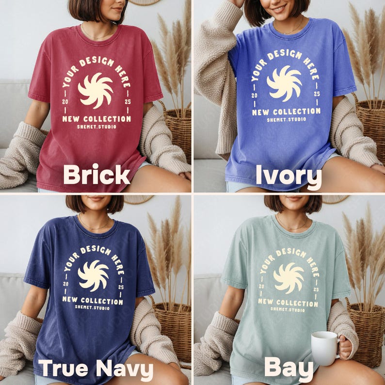 May include: Four t-shirts in brick, ivory, true navy, and bay colors. Each shirt features a circular design with the text "YOUR DESIGN HERE" and "NEW COLLECTION SHEMET.STUDIO". The shirts are displayed on a person.
