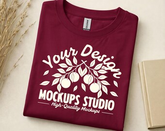 Maroon Gildan 5000 platliggend gevouwen T-shirtmodel | G500-shirtmodel | Oversized overhemd platliggend T-shirt | Canvas, Photoshop