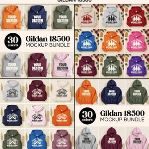 May include: A mockup bundle of Gildan 18500 hoodies in various colors, including orange, navy, and pink. Each hoodie features a design area and the text "YOUR DESIGN Here" or "MOCKUPS STUDIO". The image displays 30 colors.