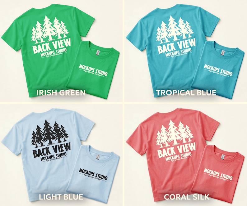 Peut inclure: Quatre t-shirts de couleurs diff&eacute;rentes : vert irlandais, bleu tropical, bleu clair et soie corail. Chaque t-shirt pr&eacute;sente un motif d'arbres blancs et le texte "BACK VIEW MOCKUPS STUDIO". Un t-shirt pli&eacute; de la m&ecirc;me couleur est &agrave; c&ocirc;t&eacute; de chacun.