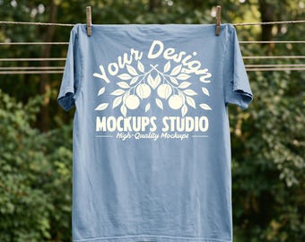 Washed Denim Comfort Colors C1717 Tshirt Mockup | CC 1717 T-Shirt Unfolded Mock-up | Hanging Dry Solid Background | PSD JPG