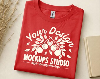 Rood Gildan 5000 platliggend gevouwen T-shirtmodel | G500-shirtmodel | Oversized overhemd platliggend T-shirt | Canvas, Photoshop