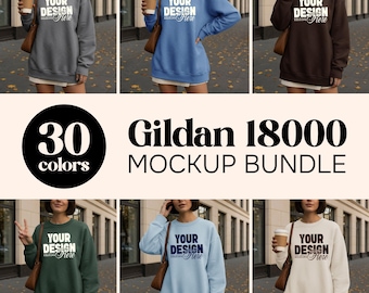 Conjunto de 30 maquetas de sudadera Gildan 18000 / Conjunto de maquetas de sudadera con cuello redondo G180 / Maquetas de estilo de vida urbano otoñal en modelo / Canva JPEG
