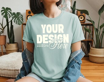Dusty Blue Bella Canvas 3001 T-Shirt Mockup, BC 3001 Tee Boho Home Lifestyle on Model PSD JPEG for Canva