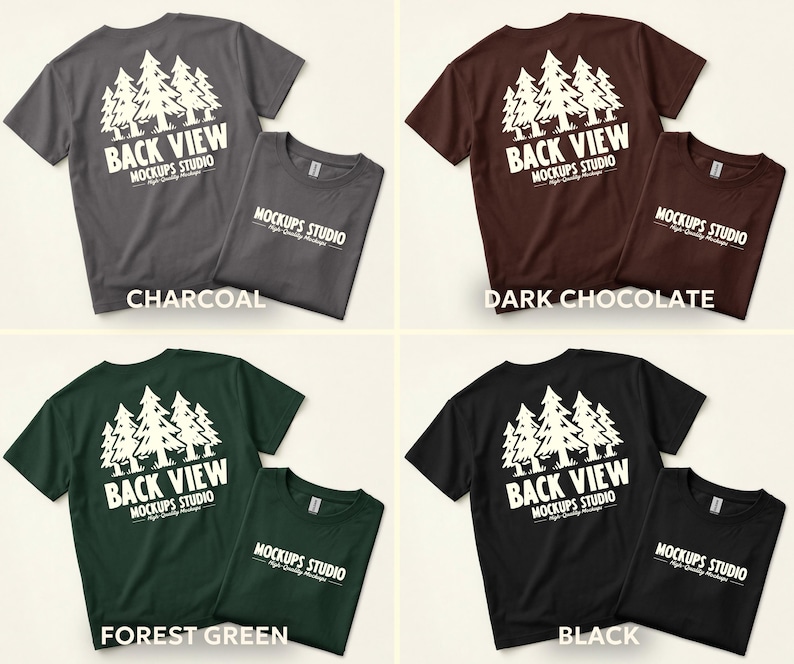 Peut inclure: Image de pr&eacute;sentation de quatre t-shirts de couleurs diff&eacute;rentes : charbon, chocolat noir, vert for&ecirc;t et noir. Chaque t-shirt affiche un motif blanc d'arbres et le texte "BACK VIEW" et "MOCKUPS STUDIO".