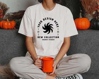 White Comfort Colors 1717 Summerween Mockup | C1717 T-Shirt Mockups | Halloween Fall Aesthetic | Retro Halloween Comfort Colors Mock-up