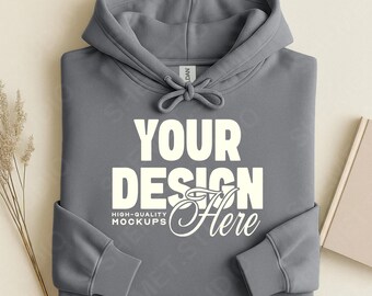 Charcoal Gildan 18500 Folded Flat Lay Mockup, Hoodie Sweatshirt Mockup, Hooded Sweater Flatlay, Simple G185 Mock, White Background Mockup