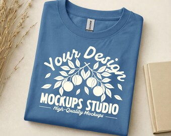 Indigoblauw Gildan 5000 platliggend gevouwen T-shirtmodel | G500-shirtmodel | Oversized overhemd platliggend T-shirt | Canvas, Photoshop