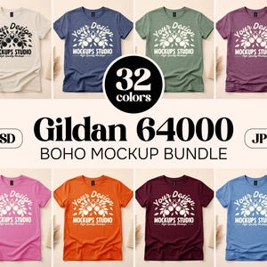May include: A mockup bundle featuring Gildan 64000 t-shirts in various colors. Each shirt displays a design with the text "Your Design" and "MOCKUPS STUDIO". The image includes the text "32 colors", "PSD", and "JPG".