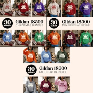May include: A collection of Gildan 18500 hoodies in various colors, including red, blue, and green. The image features three bundles: "Christmas Bundle", "Men Christmas Bundle", and "Mockup Bundle". Each hoodie displays a design and the text "Your Design".