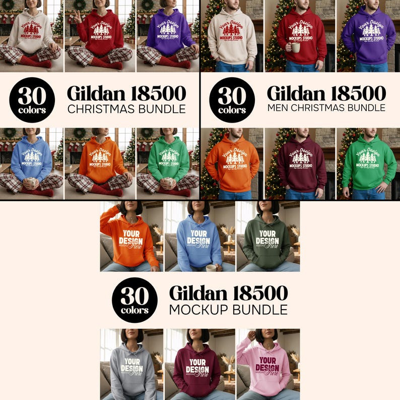 May include: A collection of Gildan 18500 hoodies in various colors, including red, blue, and green. The image features three bundles: "Christmas Bundle", "Men Christmas Bundle", and "Mockup Bundle". Each hoodie displays a design and the text "Your Design".