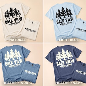 May include: Four t-shirts in different colors: natural, light blue, heather indigo, and heather navy. Each shirt has a graphic of trees and the text "BACK VIEW MOCKUPS STUDIO". Folded shirts are next to each displayed shirt.